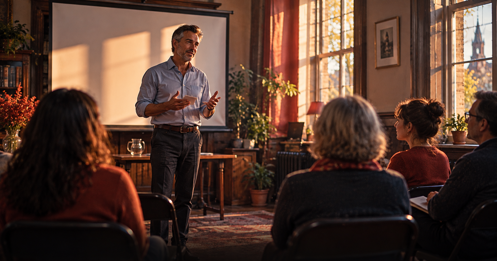 A man in his late forties in a tidy shirt stands nervously in front of a small group of people in a bright room of an old charity office, notes in his shaking hands, a projector screen behind him, rows of folding chairs, afternoon light through tall windows