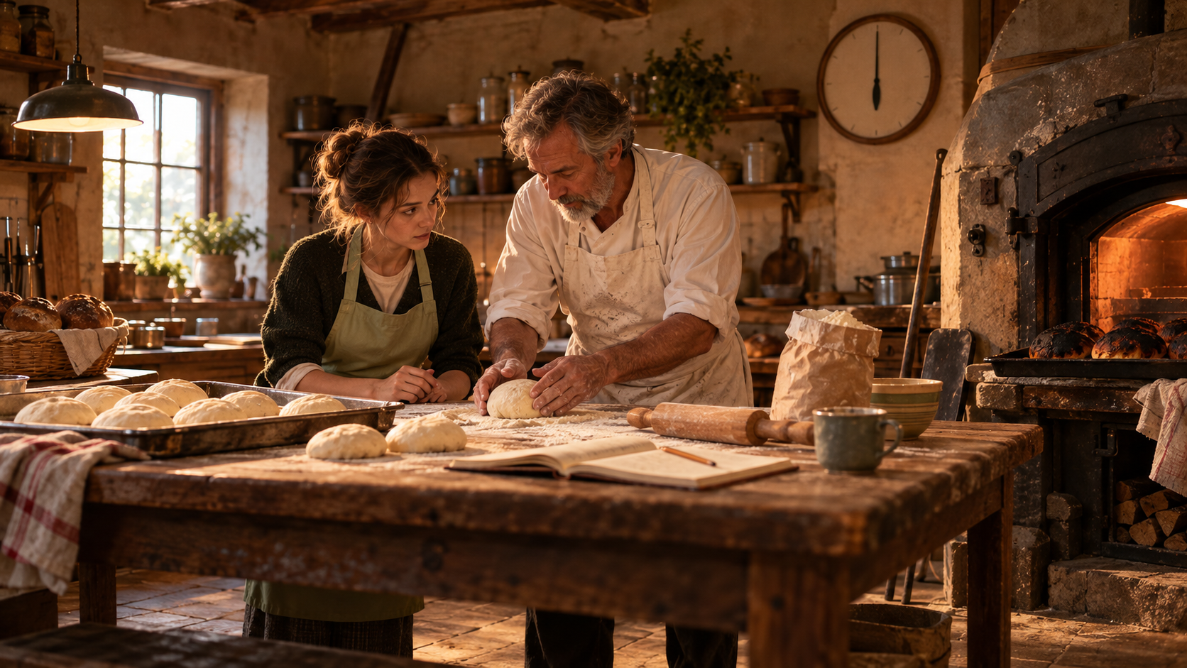 B1 Chapter 1 Lesson 4 speaking — the warm kitchen of a small old bakery at six in the morning: an experienced baker with a grey beard and a floury apron shows a nervous young woman in a pistachio-green apron how to shape bread dough on a long wooden table; on the table — trays of fresh bread rolls, a bag of flour, a rolling pin, an open notebook with a pencil and a cup of coffee; next to the big oven stands a tray of burnt black rolls; a round wall clock shows six o'clock, soft golden early light through a small window