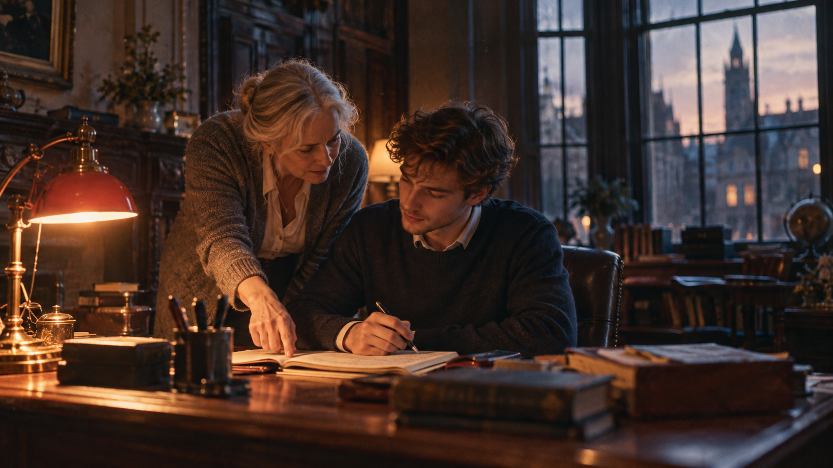 B1 Chapter 1 Lesson 4 Giving advice vocabulary — documentary film photo of an older woman in a grey cardigan leaning over the shoulder of a young man at a wooden desk in a high-ceilinged Victorian office, pointing at a page in his open notebook while he listens, a single warm brass desk lamp, tall dark windows and deep blue evening shadows