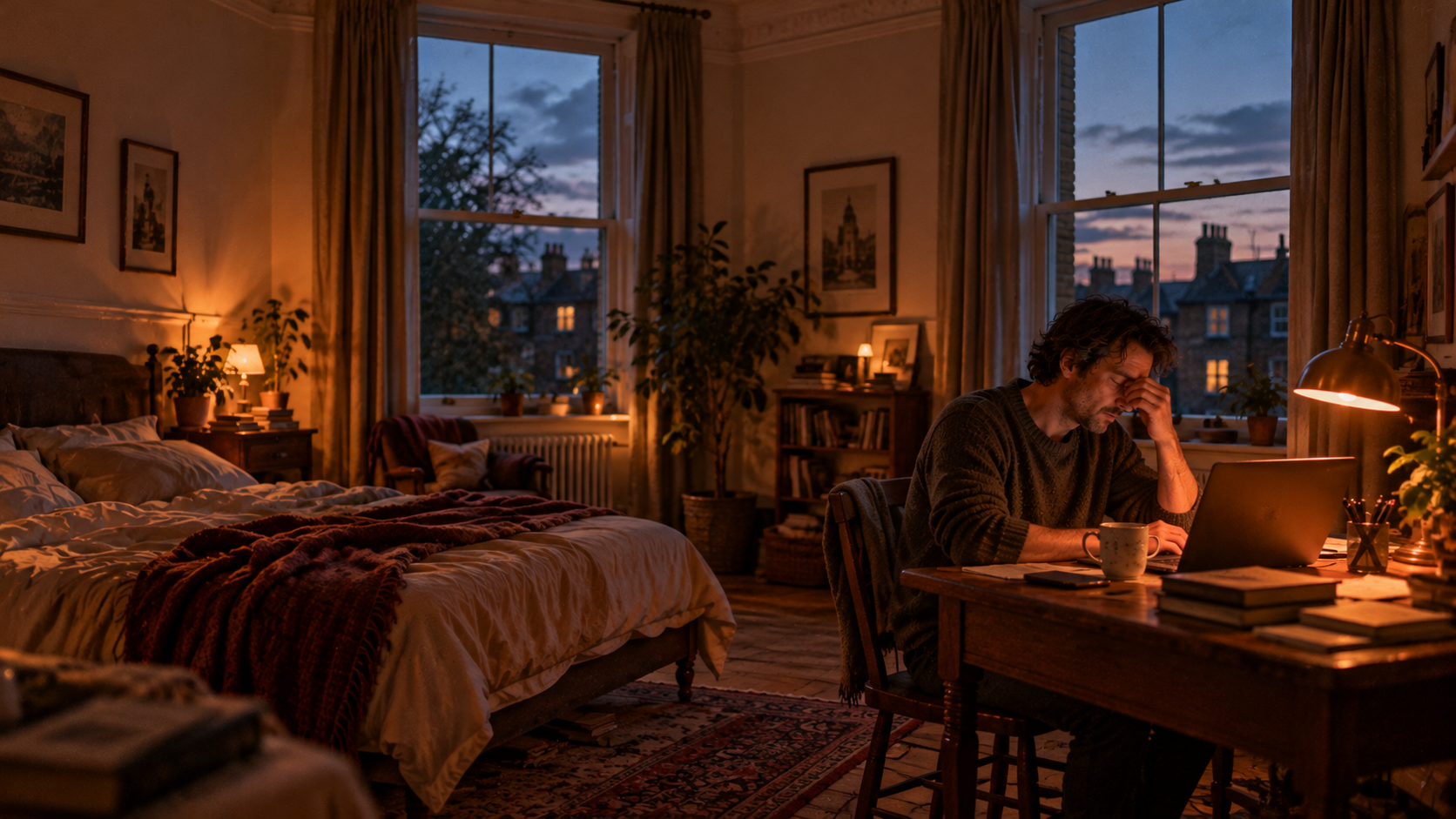 B1 Chapter 1 Lesson 5 Working from home vocabulary — documentary film photo of a tired man in his forties working from home late in the evening at a small wooden table in the corner of an old high-ceilinged bedroom, laptop open, a cold cup of tea, an unmade bed behind him, one warm brass lamp and deep blue evening shadows