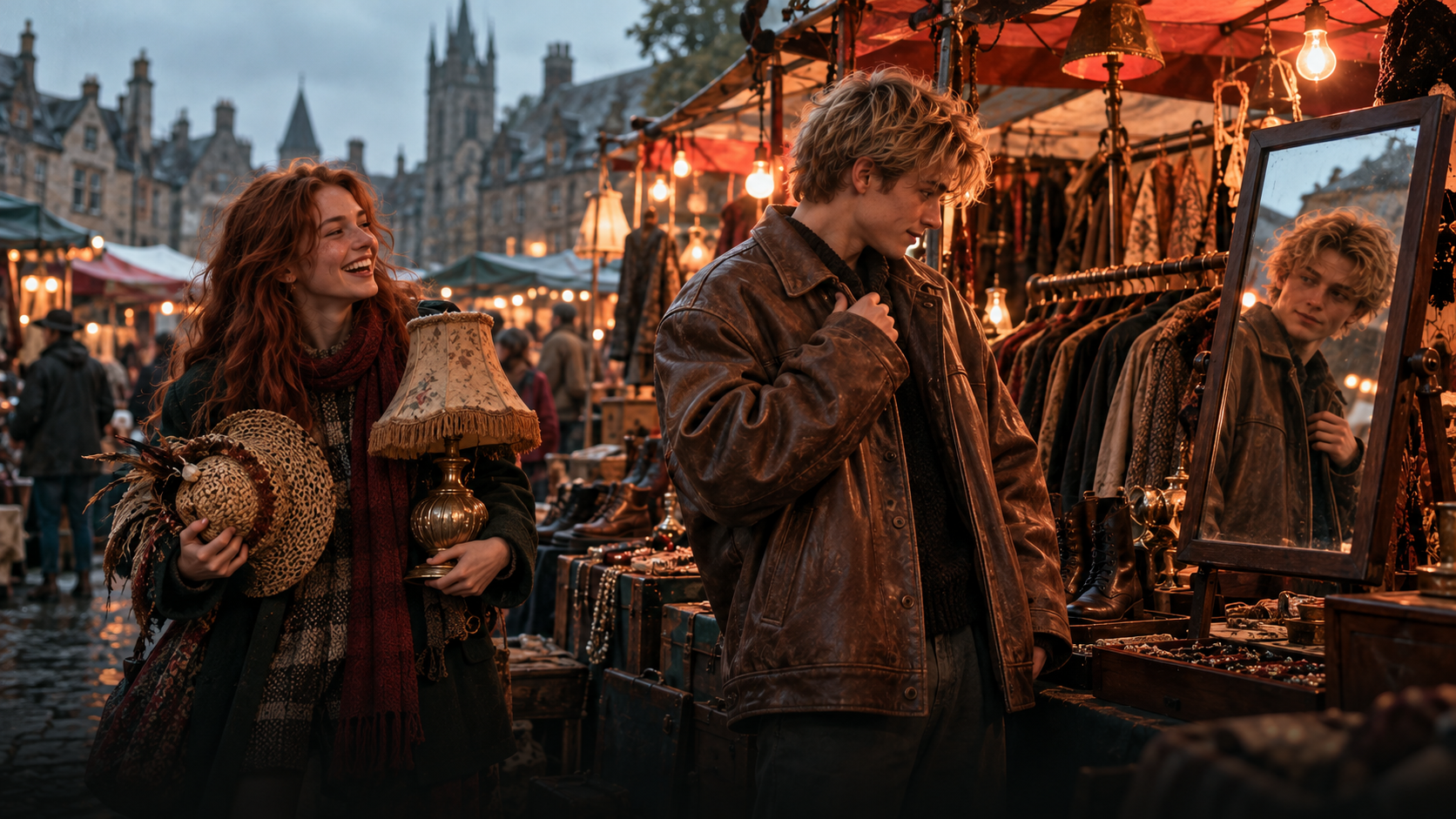 A Saturday street market in an old town: a young man in a too-big brown leather jacket looks at himself in a small mirror at a clothes stall, his friend laughs and holds a strange straw hat and an old table lamp; stalls with boots and jewellery behind them, grey morning light, warm bulbs over the stalls