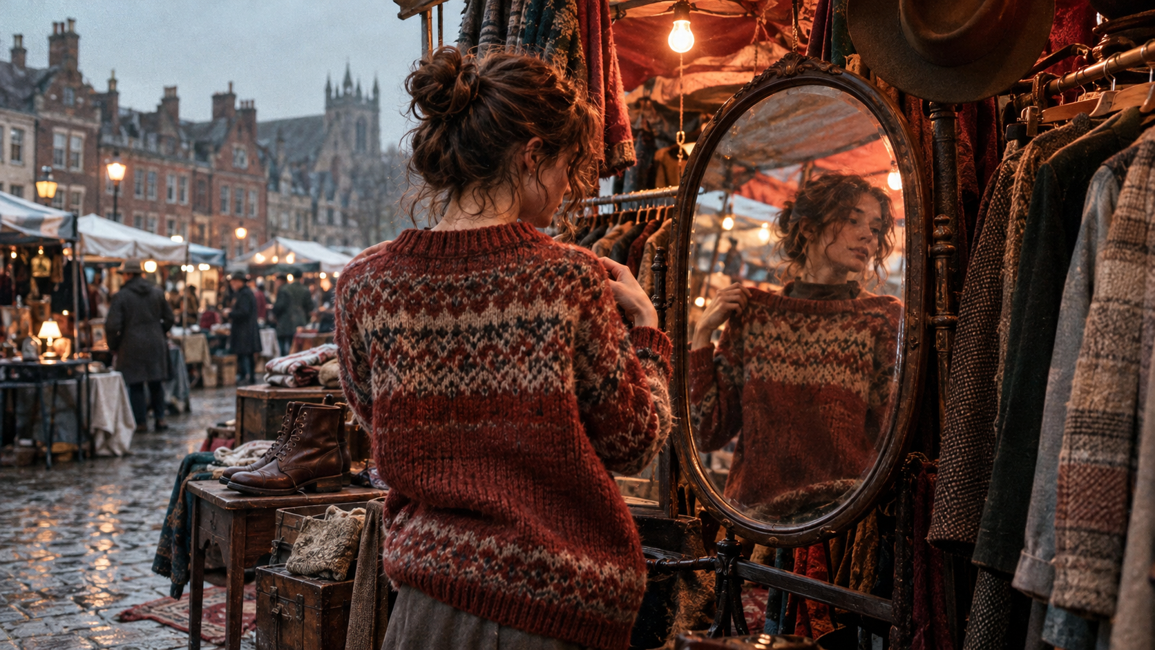 B1 Chapter 2 Lesson 1 Going shopping vocabulary — documentary film photo of a young woman trying on a thick knitted jumper in front of an old oval mirror at a clothes stall of a street market in an old town square, early on a grey Saturday morning, racks of second-hand coats and a table of boots behind her, one warm bulb hanging over the stall and deep blue morning shadows