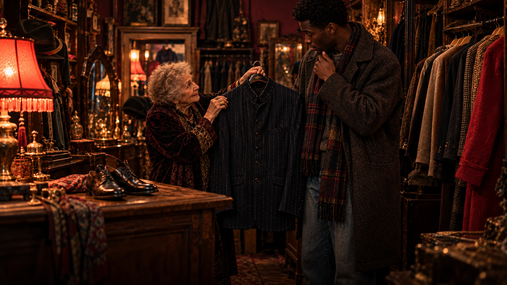 A small dark second-hand clothes shop with old wooden shelves: a tiny elderly woman with gold rings on her fingers holds up a dark blue suit with thin silver lines for a tall young Black man in jeans and a thick winter coat, who looks at it in surprise; a pair of shiny black shoes on the counter, warm coral light from an old lamp and deep plum shadows