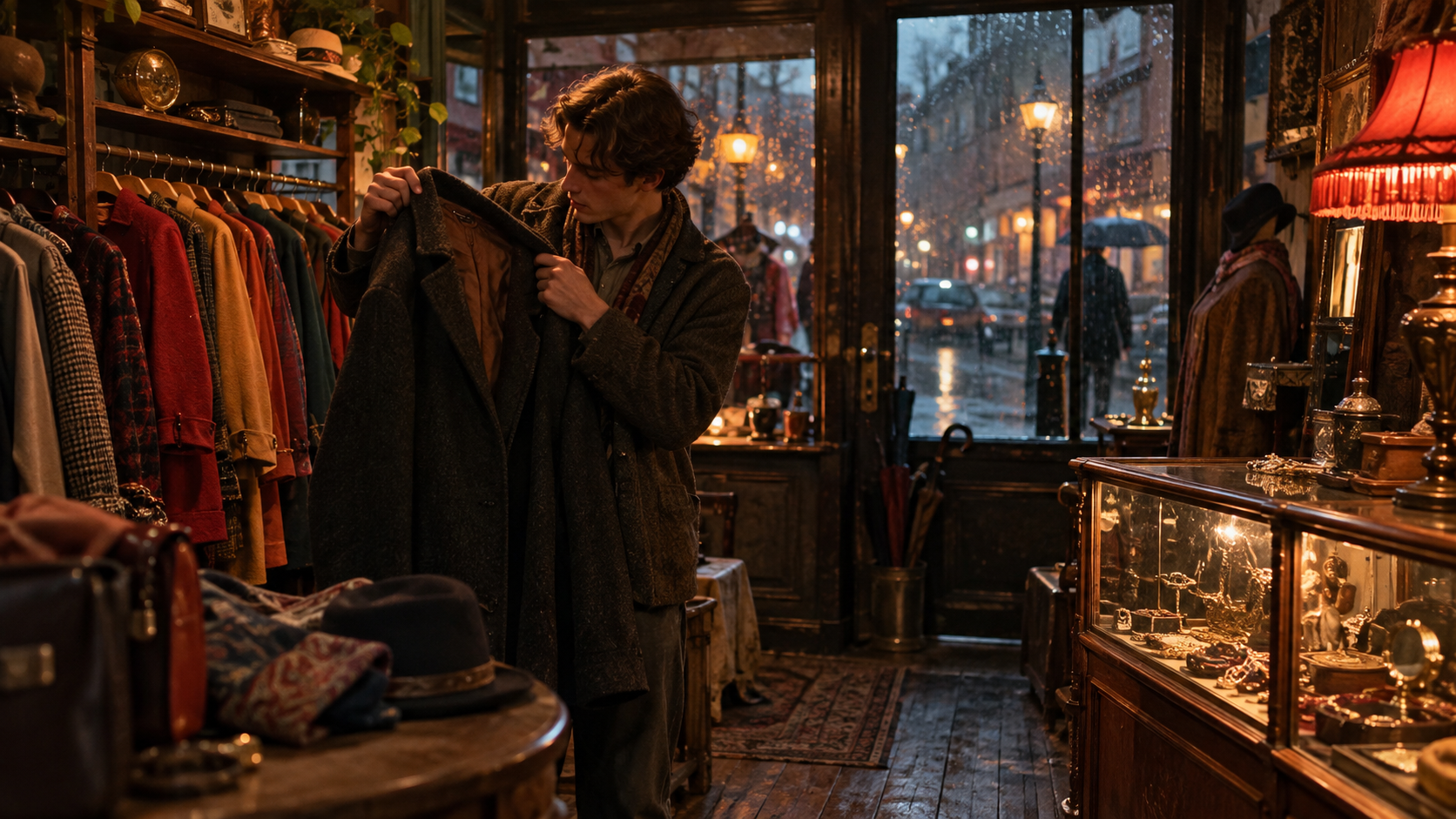 B1 Chapter 2 Lesson 2 Describing things you bought vocabulary — documentary film photo of a young man in a small old second-hand clothes shop on a rainy evening, holding up a thick dark wool coat and checking the inside of the collar, a rail of coats in bright colours and a glass case of old gold jewellery behind him, one warm lamp over the counter and deep blue shadows