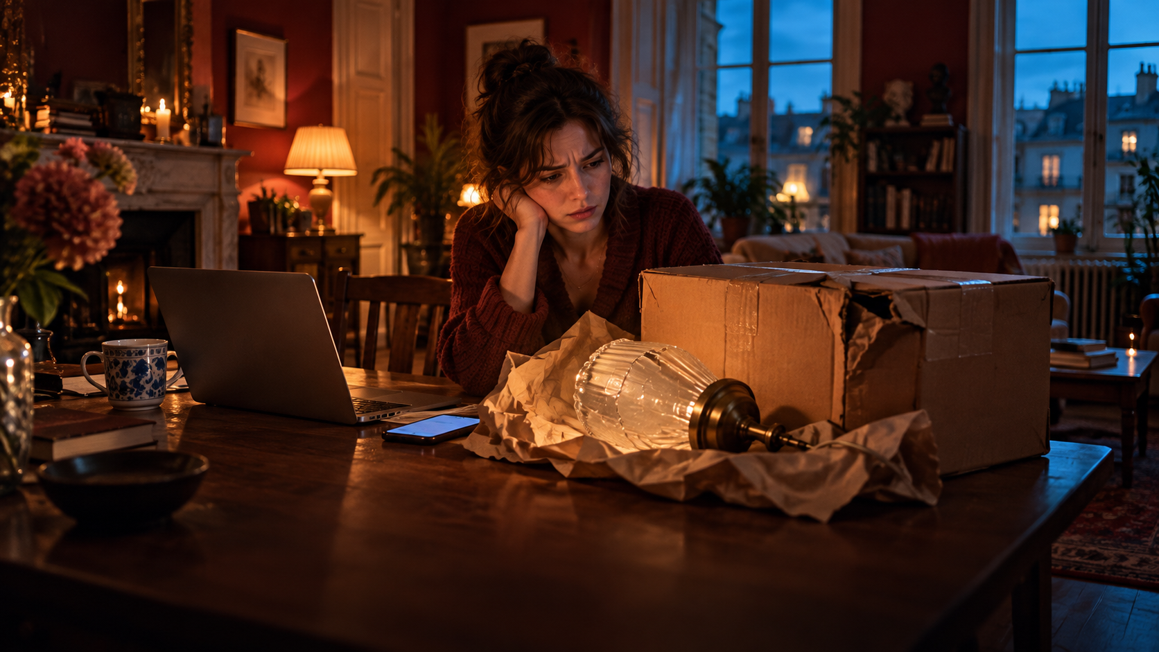 B1 Chapter 2 Lesson 4 Shopping online grammar — evening in an old flat with high ceilings: a young woman sits at a wooden table with a laptop and frowns at a big cardboard parcel with a crushed corner; next to it a small table lamp with a cracked shade lies on brown paper; her phone shows a long chat with the online shop; warm lamp light against dark red walls, cool blue light from the window