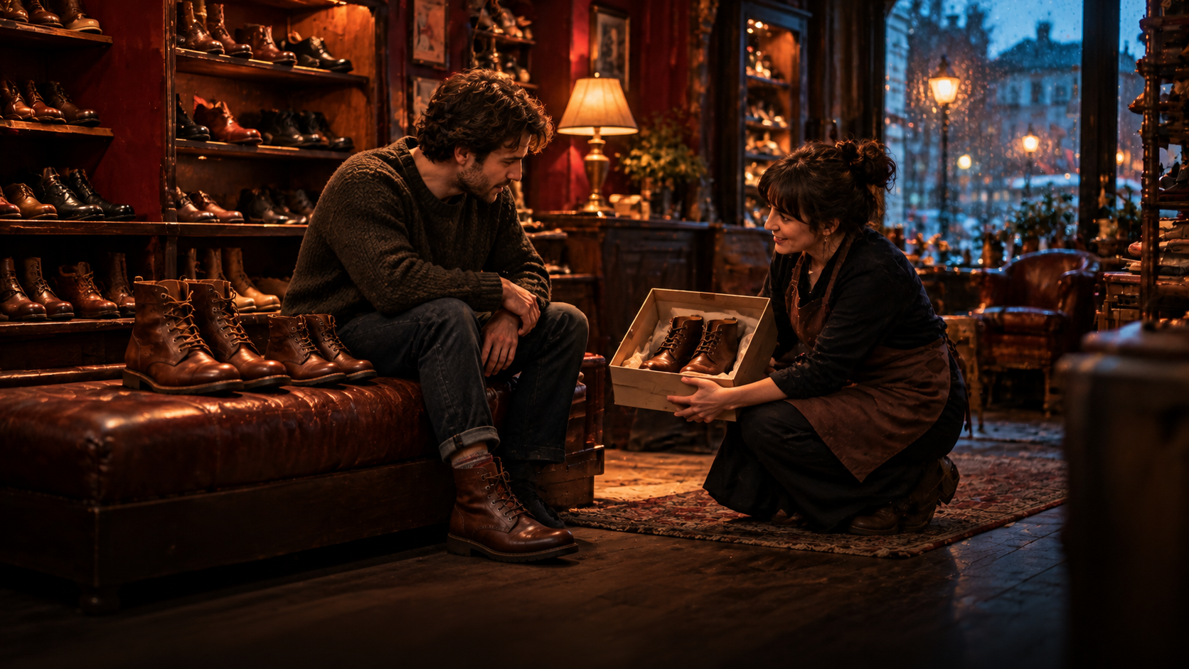 B1 Chapter 2 Lesson 5 Roleplay in shops grammar — a small shoe shop in the evening: a young man sits on a low bench and tries on one brown boot while a shop assistant kneels with a second, smaller box in her hands; on the bench two pairs of boots side by side, a big one and a slightly smaller one; shelves of shoes behind them, warm lamp light against dark red walls, cool blue light from the shop window