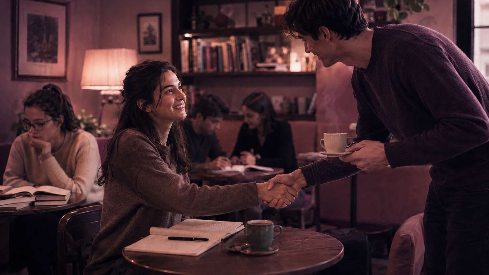 Two students meeting for the first time at a language café — B2 Lesson 1 Reading