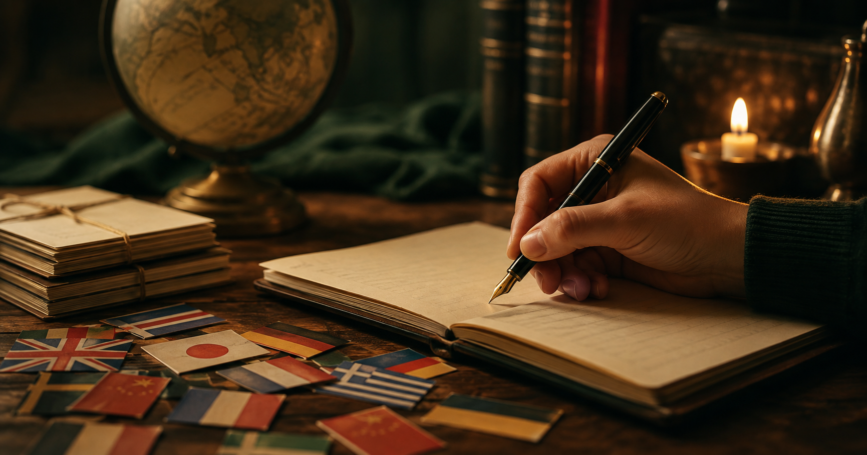 B2 Lesson 3 Writing — a hand writing English phrases in a notebook surrounded by small flags and language notes, warm candlelight