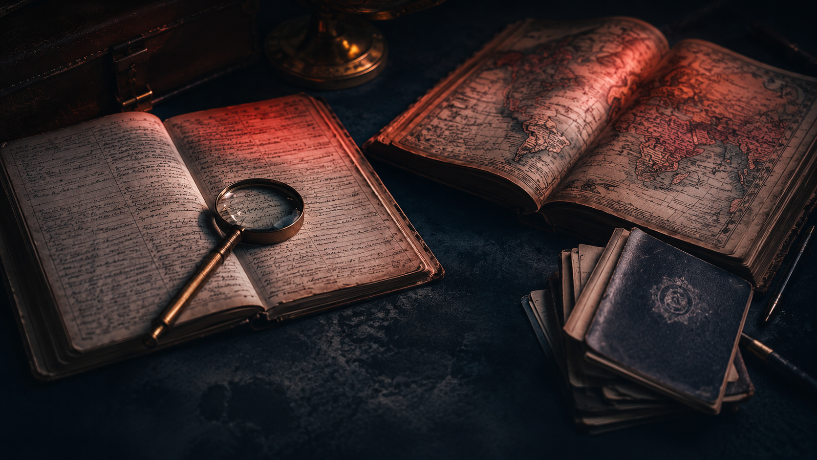 B2 Lesson 4 Exceptional people vocabulary — editorial cinematic photo of an open record book, a vintage magnifying glass and a world map glowing in deep red and navy light