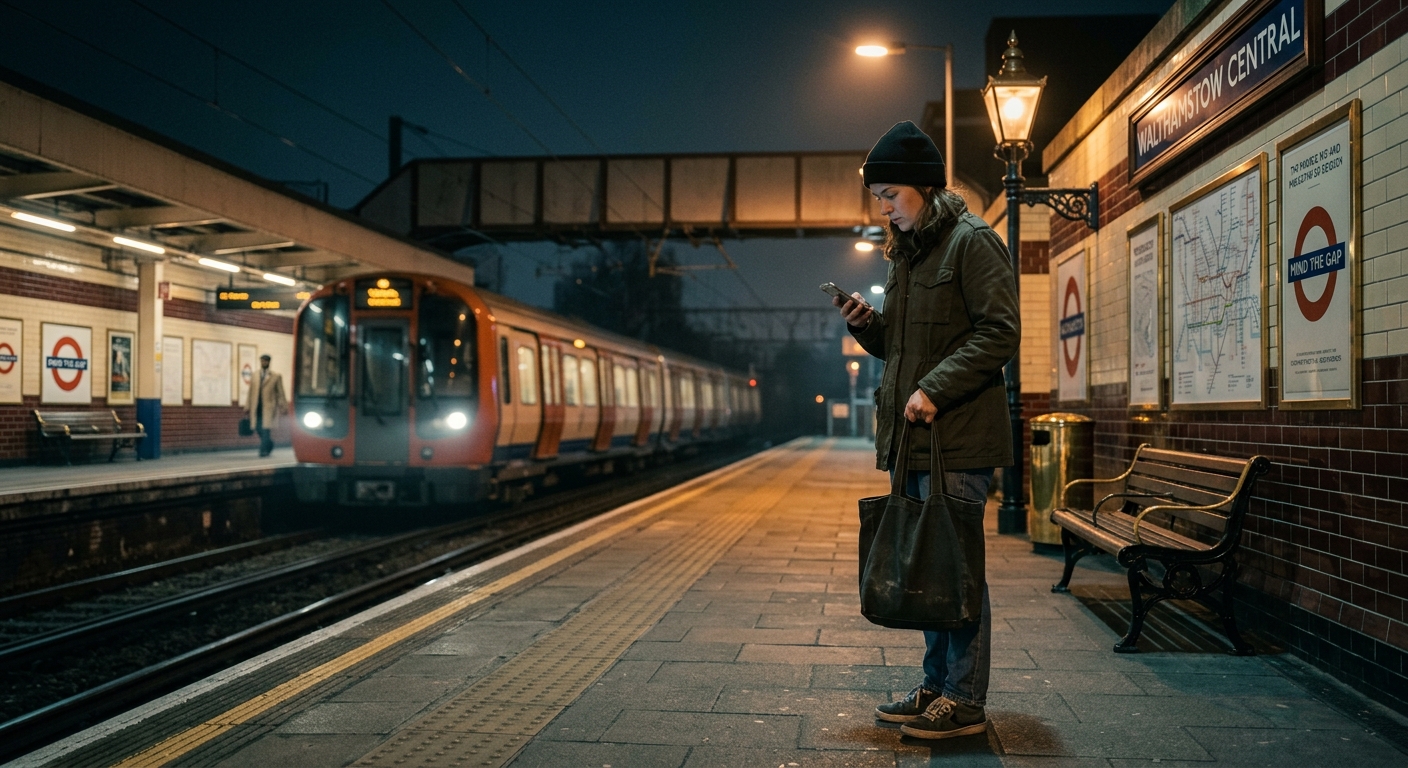 B2 Lesson 1 speaking — a woman standing alone on a night train platform, amber station lights around her, tense as she checks her phone while waiting